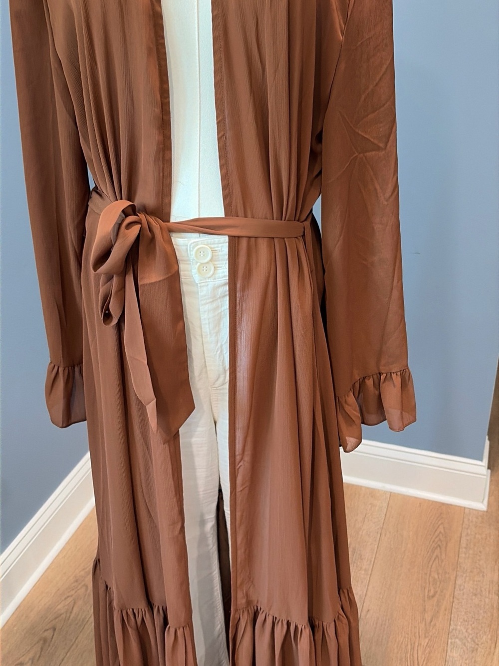 Kabayare Brown Long Duster Kimono Cardigan Ruffle Hem Tie Waist One Size Maxi - Picture 2 of 9